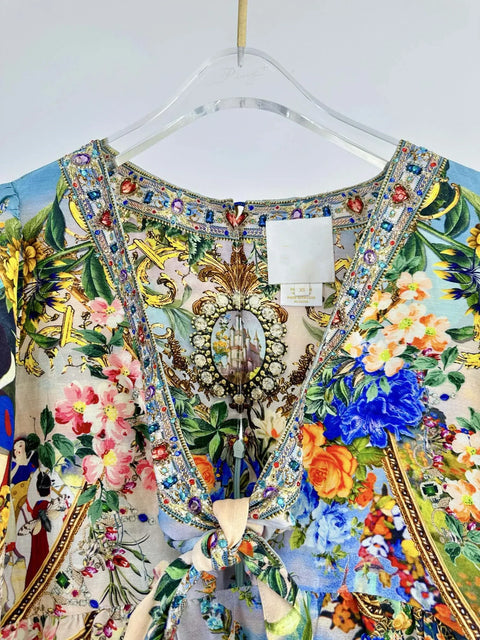 High Quality Autumn Women Fashion Runway Designer Silk Linen Beaded Cartoon Flower Printed Casual Full Sleeve A-line Mini Dress - Dresses - Sharon Tatem LLC.
