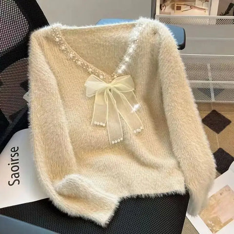 Soft Angira Feel Femme Bow Sweater Women Autumn Winter New Diamonds V-neck Long Sleeve Pullovers Simplicity Sweet Patchwork Top Tee All-match - Sweater - Sharon Tatem LLC.