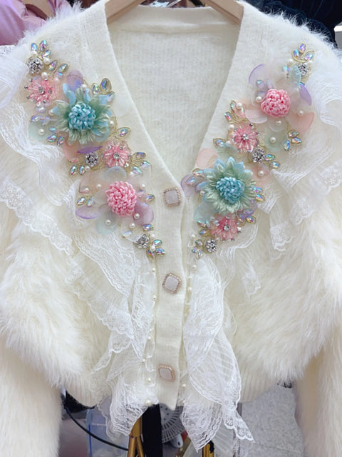 Sweater Top Pink White Autumn Winter Diamonds Beaded Lace Ruffles Mohair Sweater Flowers Embroidery Mink Cashmere Fur Knitted Cardigan V-neck Jacket - Sweater Top Pink White Autumn Winter Diamonds Beaded Lace Ruffles Mohair Sweater Flowers Embroidery Mink Cashmere Fur Knitted Cardigan V-neck Jacket - Sharon Tatem LLC.