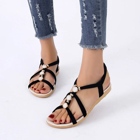 Women's sandals Ladies Fashion Suede Rhinestone Elastic Band Open Toe Flat Roman Sandals elegant sandals woman - Shoes Sandals - Sharon Tatem LLC.