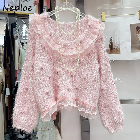 Gorgeous Sweater Sweet Heavy Industry Diamond Inlaid Three-Dimensional Petal Flower Feather Knitted Pullovers French Soft Gentle Sweater - sweater - Sharon Tatem LLC.