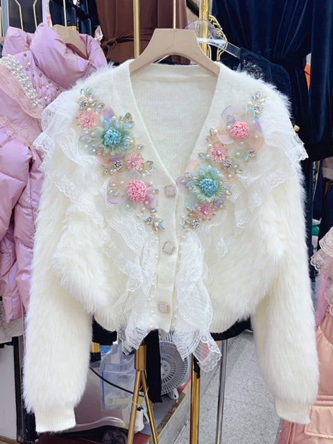 Sweater Top Pink White Autumn Winter Diamonds Beaded Lace Ruffles Mohair Sweater Flowers Embroidery Mink Cashmere Fur Knitted Cardigan V-neck Jacket - Sweater Top Pink White Autumn Winter Diamonds Beaded Lace Ruffles Mohair Sweater Flowers Embroidery Mink Cashmere Fur Knitted Cardigan V-neck Jacket - Sharon Tatem LLC.