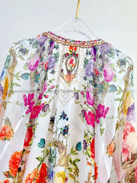 Women V Neck Crystal Beaded Long Sleeve Flower Print Low Waist 100% Silk Loose Mini Dress -  - Sharon Tatem LLC.