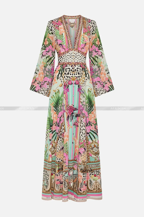 Designer Dress 2024 Resort wear Spring New V Neck Pink Leopard Print Heavy Beaded Women 100% Silk maxi long Dress - Dresses - Sharon Tatem LLC.