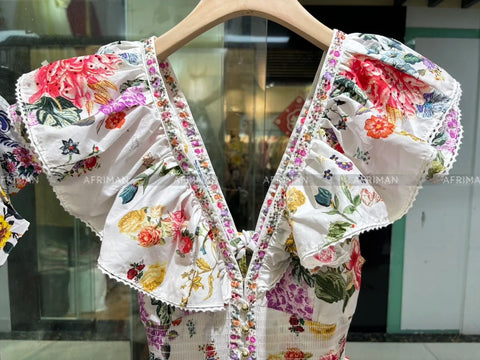 2024 New V Neck Heavy Beaded Flying Sleeve Flower Print Elastic Waist Backless Bow Decoration Big Swing Short Dress - Dresses - Sharon Tatem LLC.