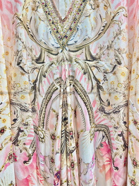 Exquisite designer dress Women New V Neck Crystal Beaded Flare Sleeve Pink Flower Print High Waist Silk Loose Long Dress - Dresses - Sharon Tatem LLC.