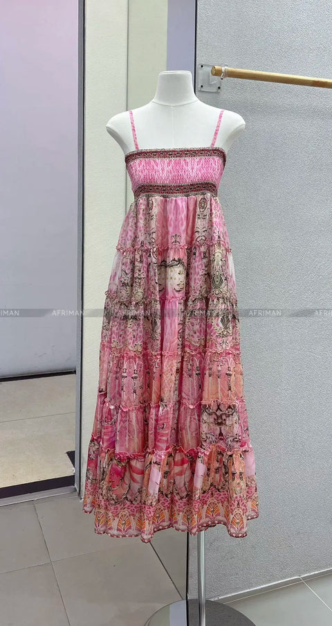 Designer Jeweled Silk Dress Silk Women V Neck Crystal Beaded Pink Flower Print Elastic Waist Multi-layer Mini Silk Dress Women New V Neck Crystal Beaded Retro Print Long Sleeve Loose Silk Blouse+ Elastic High Waist Maxi Long Silk Skirt Set - Dresses - Sharon Tatem LLC.