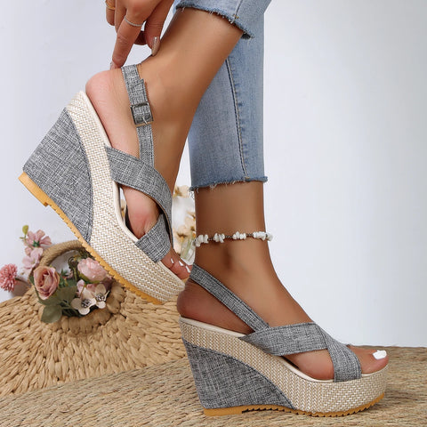 2024 New Summer New Style One-line Strap Cloth Thick-soled Buckle Sandals Large Size Thick-soled Wedge Sandals for Women - Sandals - Sharon Tatem LLC.
