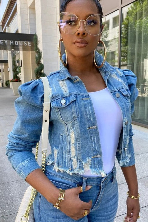 Women's Ripped Denim Jacket Casual Long Puff Sleeve Button Down Cropped Jean Coats for Fall - Jackets - Sharon Tatem LLC.