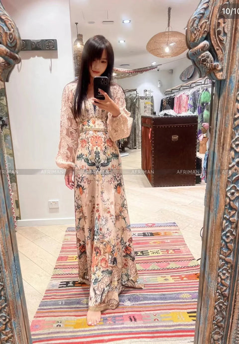 Women V Neck Lace Embroidery Patchwork Silk Floral Print Lantern Sleeve A-line Maxi Long Dress -  - Sharon Tatem LLC.