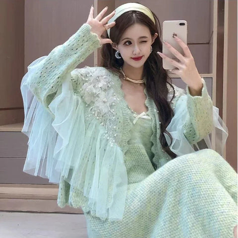 High Quality Knit Set Stunning jacket Women Mesh Spliced Ruffles Hollowed Out Knitted Cardigan Floral Crocheted Pearls Beaded Sweater Coat Camisole Dress 2Pcs Set - Dress Set with jacket - Sharon Tatem LLC.
