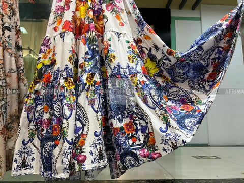 Women V Neck Crystal Beaded Flying Sleeve Retro Flower Print Elastic Waist Big Swing Midi Dress -  - Sharon Tatem LLC.