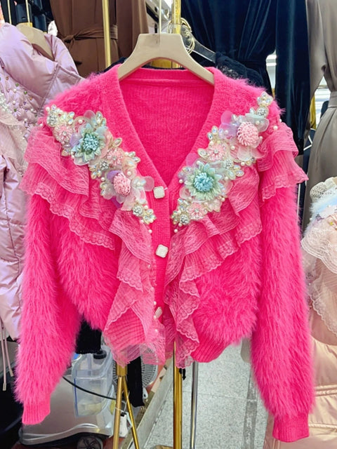 Sweater Top Pink White Autumn Winter Diamonds Beaded Lace Ruffles Mohair Sweater Flowers Embroidery Mink Cashmere Fur Knitted Cardigan V-neck Jacket - Sweater Top Pink White Autumn Winter Diamonds Beaded Lace Ruffles Mohair Sweater Flowers Embroidery Mink Cashmere Fur Knitted Cardigan V-neck Jacket - Sharon Tatem LLC.