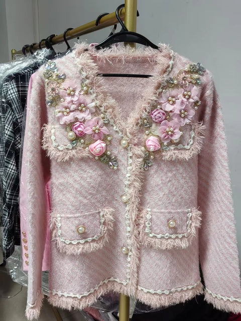 Real Photo Luxury Style Beaded Flower Stitch Knitwear Cardigan Coat For Women V-neck Autumn Winter Pink Sweater Outwear Jacket - Fur Jacket, Business Fancy - Sharon Tatem LLC.