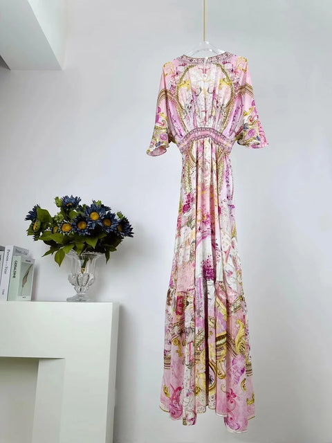 Designer Dress Women Bohemian Style V Neck Batwing Sleeve Pink Print High Waist 100% Silk Midi Dress - Dresses - Sharon Tatem LLC.