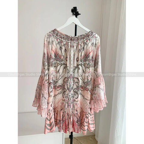 Jeweled Designer Dress Crystals Australian niche off the shoulder pink silk rhinestone flared sleeve loose resort style seaside short dress women - Dresses - Sharon Tatem LLC.