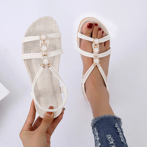 Women's sandals Ladies Fashion Suede Rhinestone Elastic Band Open Toe Flat Roman Sandals elegant sandals woman - Shoes Sandals - Sharon Tatem LLC.