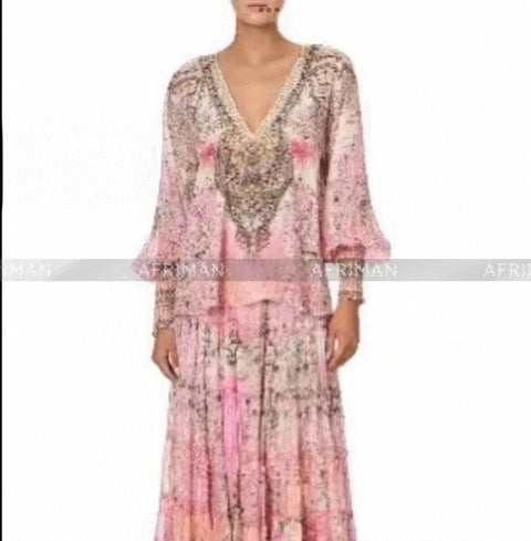 Designer Jeweled Silk Dress Silk Women V Neck Crystal Beaded Pink Flower Print Elastic Waist Multi-layer Mini Silk Dress Women New V Neck Crystal Beaded Retro Print Long Sleeve Loose Silk Blouse+ Elastic High Waist Maxi Long Silk Skirt Set - Dresses - Sharon Tatem LLC.
