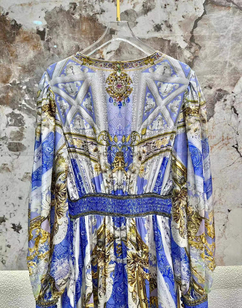 Designer Dress New Bohemian Style V Neck Purple Flower Print Long Sleeve Waist Multi-layer Silk Long Dress - Dresses - Sharon Tatem LLC.