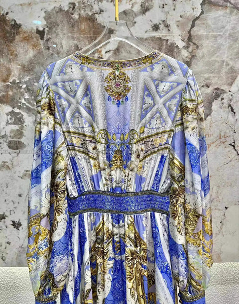 Designer Dress New Bohemian Style V Neck Purple Flower Print Long Sleeve Waist Multi-layer Silk Long Dress - Dresses - Sharon Tatem LLC.