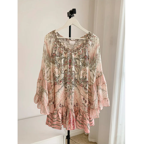 Jeweled Designer Dress Crystals Australian niche off the shoulder pink silk rhinestone flared sleeve loose resort style seaside short dress women - Dresses - Sharon Tatem LLC.