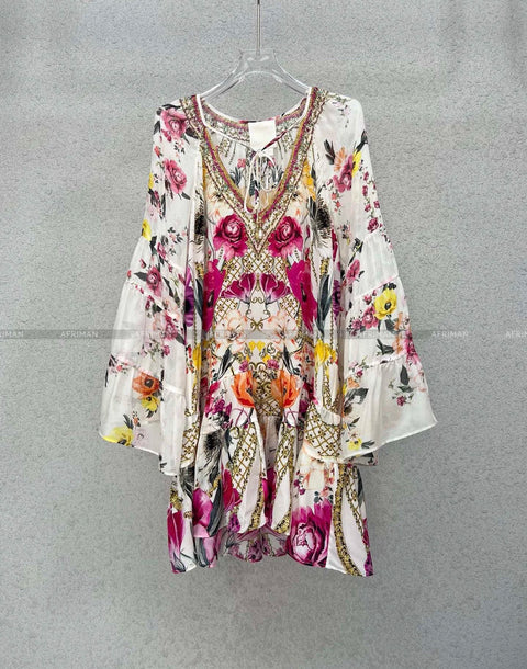 Designer Dress Women New V Neck Crystal Beaded Flower Print Flare Sleeve Loose Mini Silk Dress -  - Sharon Tatem LLC.