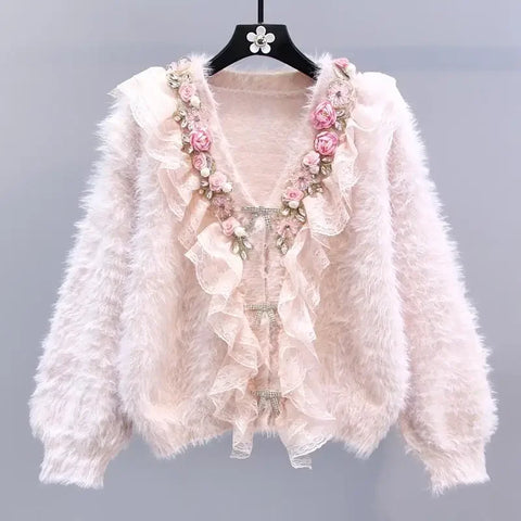 Gorgeous Pink Sweater Women V neck Pink 3d Floral Diamonds Beaded Knitted Cardigan Autumn Pearls Beaded Sweaters Long Sleeve Mohair Sweater Coat Tops -  - Sharon Tatem LLC.