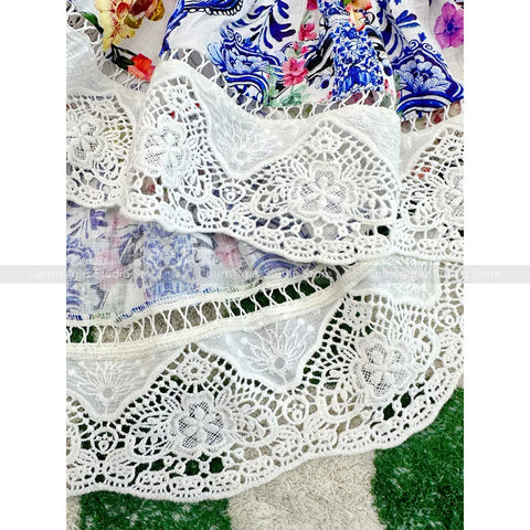 Australian niche noblewoman crushed floral one neck strapless lace lace long sleeve vacation dress short skirt - Dresses - Sharon Tatem LLC.