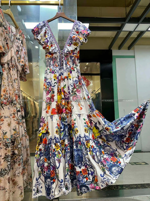 Women V Neck Crystal Beaded Flying Sleeve Retro Flower Print Elastic Waist Big Swing Midi Dress -  - Sharon Tatem LLC.