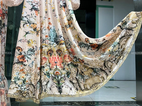 Women V Neck Lace Embroidery Patchwork Silk Floral Print Lantern Sleeve A-line Maxi Long Dress -  - Sharon Tatem LLC.
