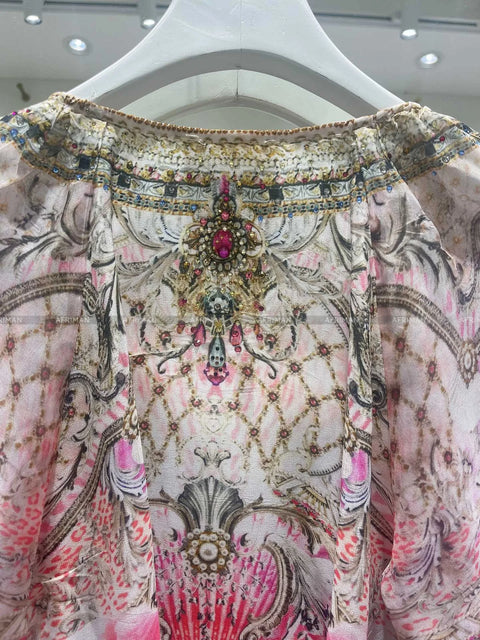 Designer Jeweled Silk Dress Silk Women V Neck Crystal Beaded Pink Flower Print Elastic Waist Multi-layer Mini Silk Dress Women New V Neck Crystal Beaded Retro Print Long Sleeve Loose Silk Blouse+ Elastic High Waist Maxi Long Silk Skirt Set - Dresses - Sharon Tatem LLC.
