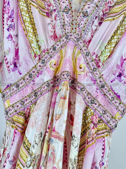 Designer Dress Women Bohemian Style V Neck Batwing Sleeve Pink Print High Waist 100% Silk Midi Dress - Dresses - Sharon Tatem LLC.