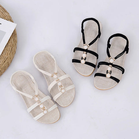 Women's sandals Ladies Fashion Suede Rhinestone Elastic Band Open Toe Flat Roman Sandals elegant sandals woman - Shoes Sandals - Sharon Tatem LLC.
