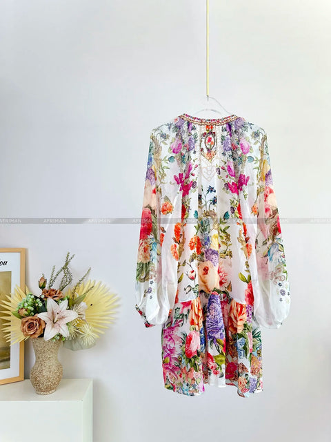 Women V Neck Crystal Beaded Long Sleeve Flower Print Low Waist 100% Silk Loose Mini Dress -  - Sharon Tatem LLC.