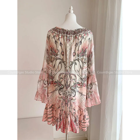 Jeweled Designer Dress Crystals Australian niche off the shoulder pink silk rhinestone flared sleeve loose resort style seaside short dress women - Dresses - Sharon Tatem LLC.