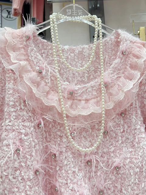 Gorgeous Sweater Sweet Heavy Industry Diamond Inlaid Three-Dimensional Petal Flower Feather Knitted Pullovers French Soft Gentle Sweater - sweater - Sharon Tatem LLC.