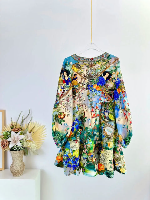 High Quality Autumn Women Fashion Runway Designer Silk Linen Beaded Cartoon Flower Printed Casual Full Sleeve A-line Mini Dress - Dresses - Sharon Tatem LLC.