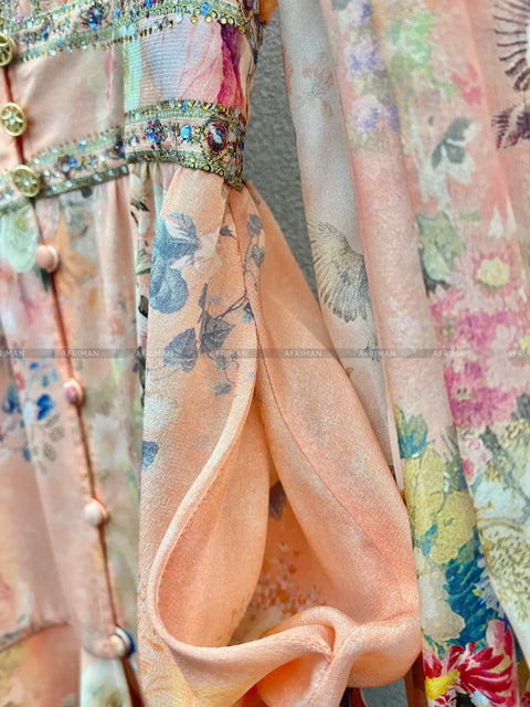High End Designer Jeweled Silk Dress Silk Women V Neck Crystal Beaded Pink Flower Print Elastic Waist Multi-layer Mini Silk Dress - Dresses - Sharon Tatem LLC.