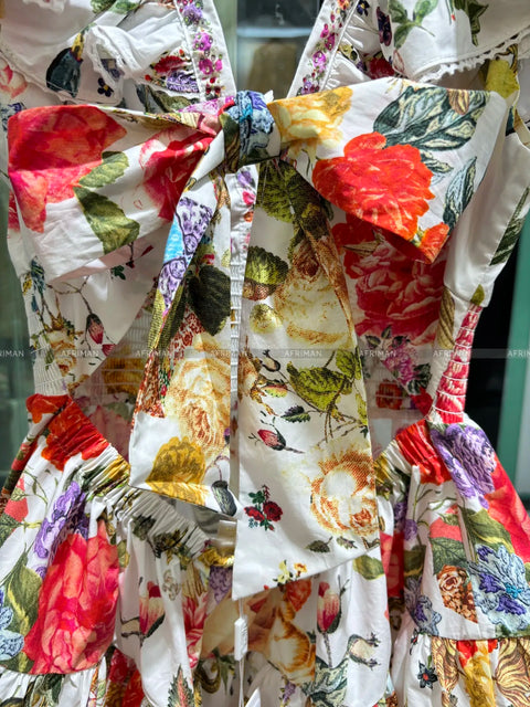 2024 New V Neck Heavy Beaded Flying Sleeve Flower Print Elastic Waist Backless Bow Decoration Big Swing Short Dress - Dresses - Sharon Tatem LLC.