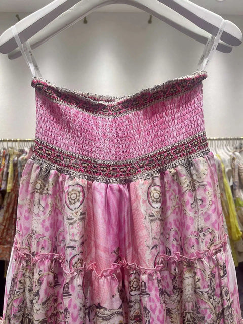 Designer Jeweled Silk Dress Silk Women V Neck Crystal Beaded Pink Flower Print Elastic Waist Multi-layer Mini Silk Dress Women New V Neck Crystal Beaded Retro Print Long Sleeve Loose Silk Blouse+ Elastic High Waist Maxi Long Silk Skirt Set - Dresses - Sharon Tatem LLC.