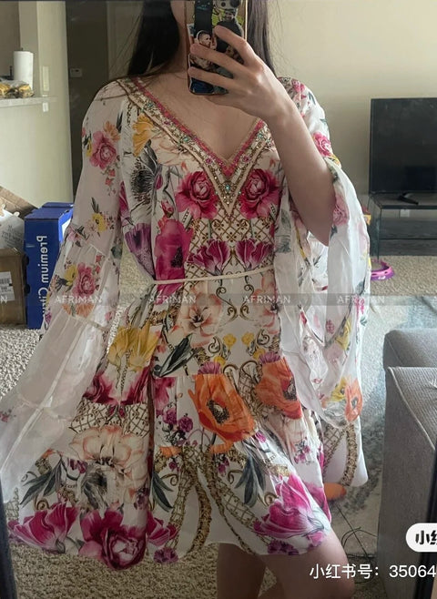 Designer Dress Women New V Neck Crystal Beaded Flower Print Flare Sleeve Loose Mini Silk Dress -  - Sharon Tatem LLC.