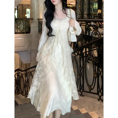 Elegant Solid Ruffles Fairy Dresse Lace Patchwork Slim Waist A Line Dress Women Princess Party Vestidos Female Robe New -  - Sharon Tatem LLC.