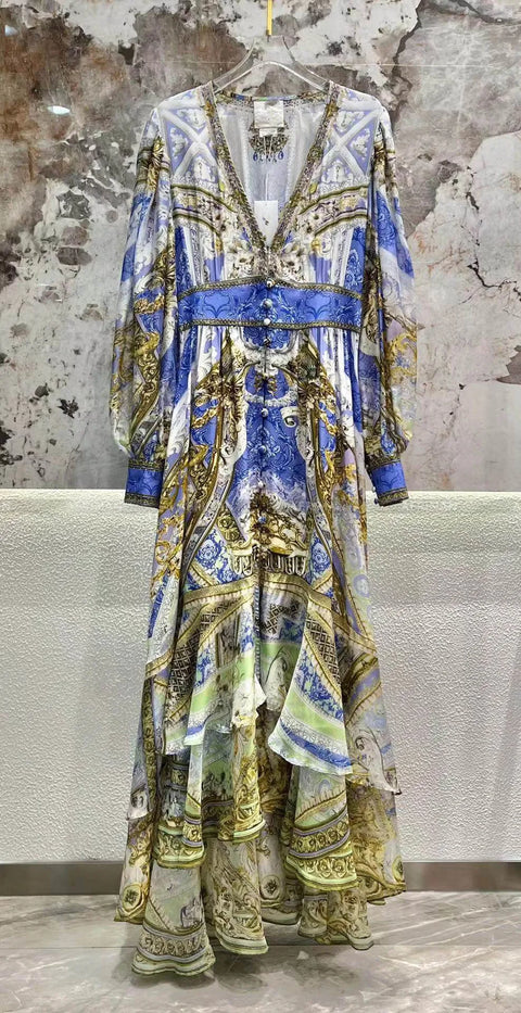 Designer Dress New Bohemian Style V Neck Purple Flower Print Long Sleeve Waist Multi-layer Silk Long Dress - Dresses - Sharon Tatem LLC.