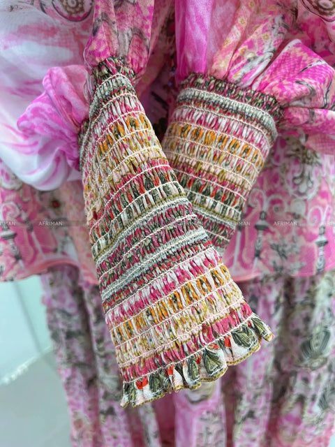 Designer Jeweled Silk Dress Silk Women V Neck Crystal Beaded Pink Flower Print Elastic Waist Multi-layer Mini Silk Dress Women New V Neck Crystal Beaded Retro Print Long Sleeve Loose Silk Blouse+ Elastic High Waist Maxi Long Silk Skirt Set - Dresses - Sharon Tatem LLC.