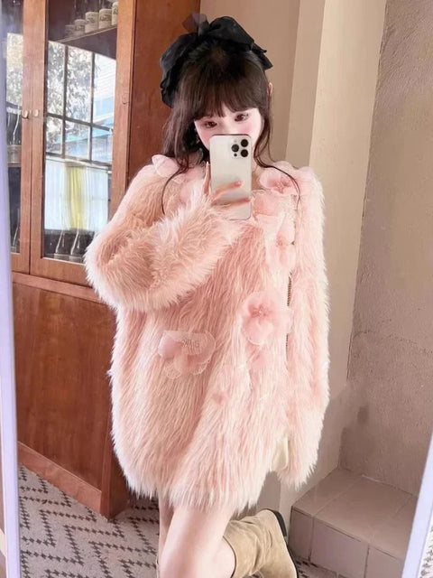 Soft Sweater Stunning Loose Heavy Duty Beaded Flower Knitted Dress 2024 Women Autumn Winter Sweet Large Thickened Mink Fleece Sweater Dresses - Soft Sweater - Sharon Tatem LLC.
