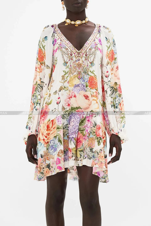 Women V Neck Crystal Beaded Long Sleeve Flower Print Low Waist 100% Silk Loose Mini Dress -  - Sharon Tatem LLC.