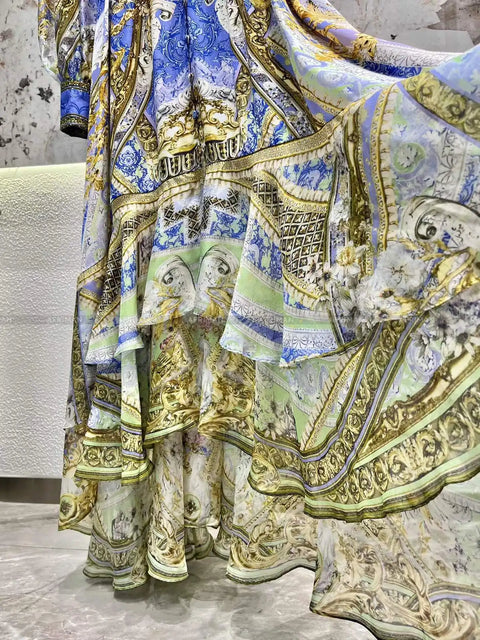 Designer Dress New Bohemian Style V Neck Purple Flower Print Long Sleeve Waist Multi-layer Silk Long Dress - Dresses - Sharon Tatem LLC.