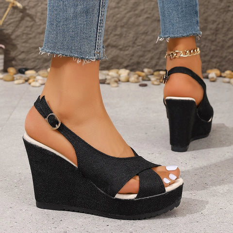 DOGHC 2024 NEW Size 35-43 Shoes for Women Ankle Buckle Wedges Sandals for Women Summer Denim Sandal Comfortable Thick Sole - Sandals - Sharon Tatem LLC.