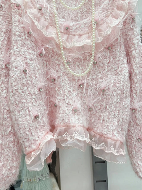 Gorgeous Sweater Sweet Heavy Industry Diamond Inlaid Three-Dimensional Petal Flower Feather Knitted Pullovers French Soft Gentle Sweater - sweater - Sharon Tatem LLC.