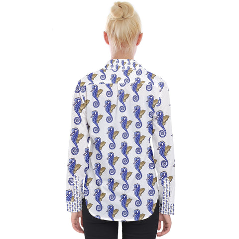 Blue White Seahorse Womens Long Sleeve Shirt - FullTop - Sharon Tatem LLC.